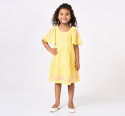Girls Yellow Cotton Embroidered Tiered Dress