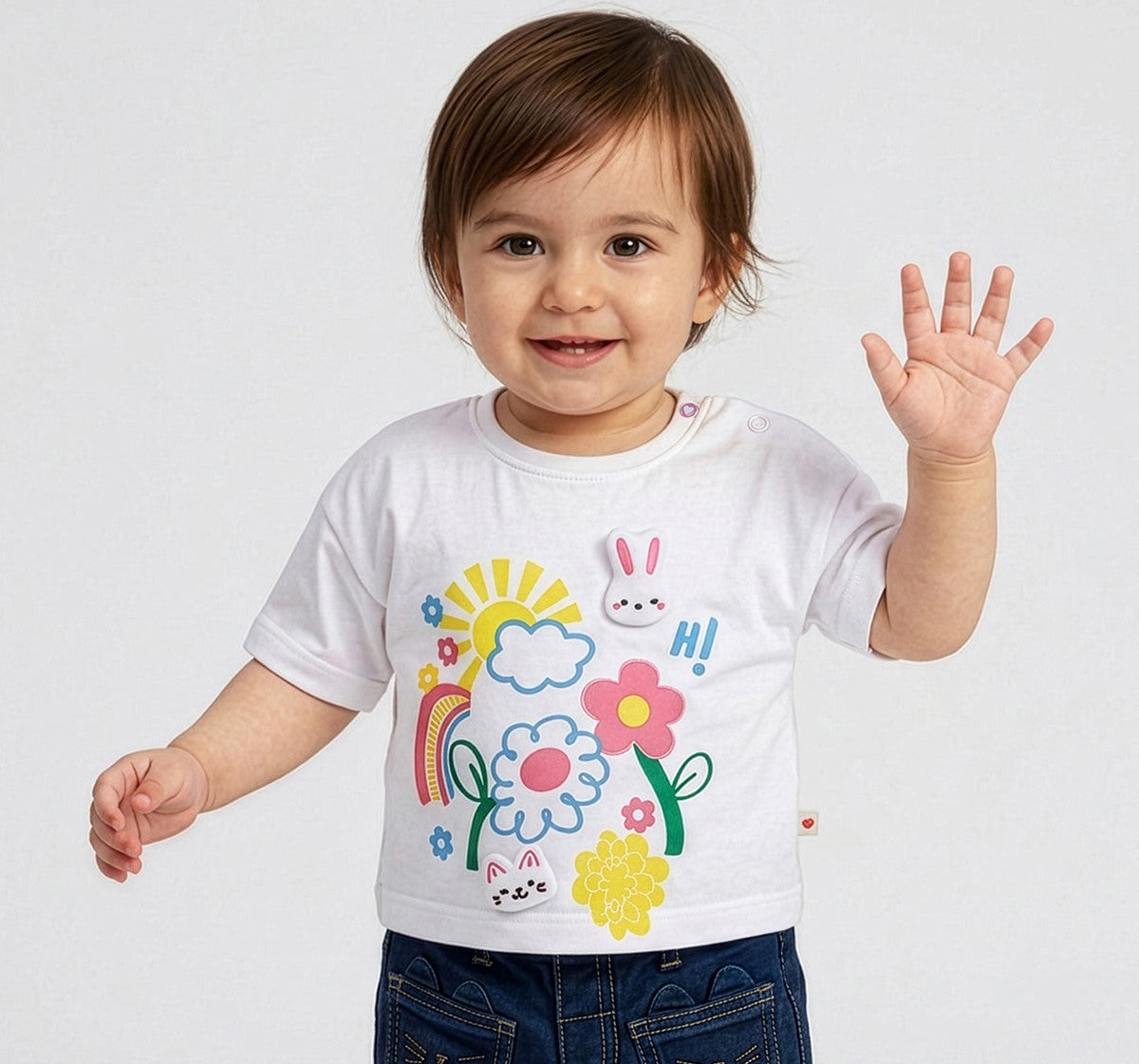 Drop Shoulder Tee with Print & Appliques White