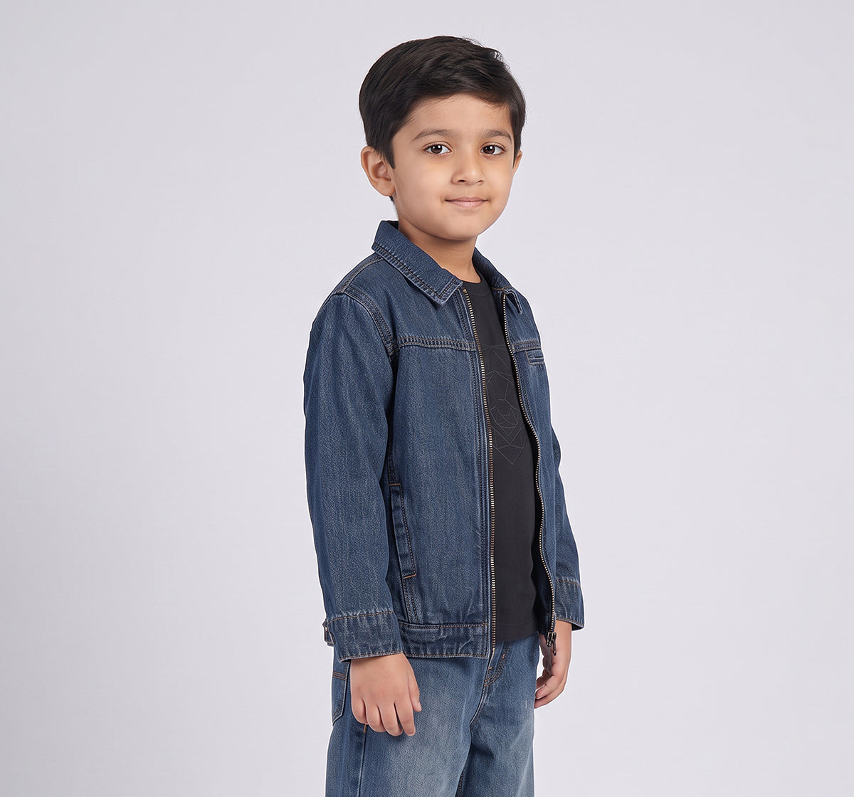 Zip Up Denim Jacket W/ Patch On Back Blue