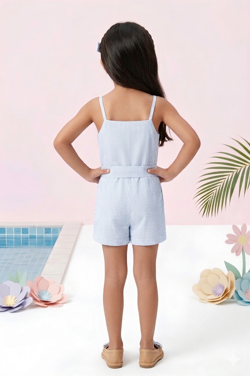 Girls Powder Blue Pinstripe Floral Playsuit Set