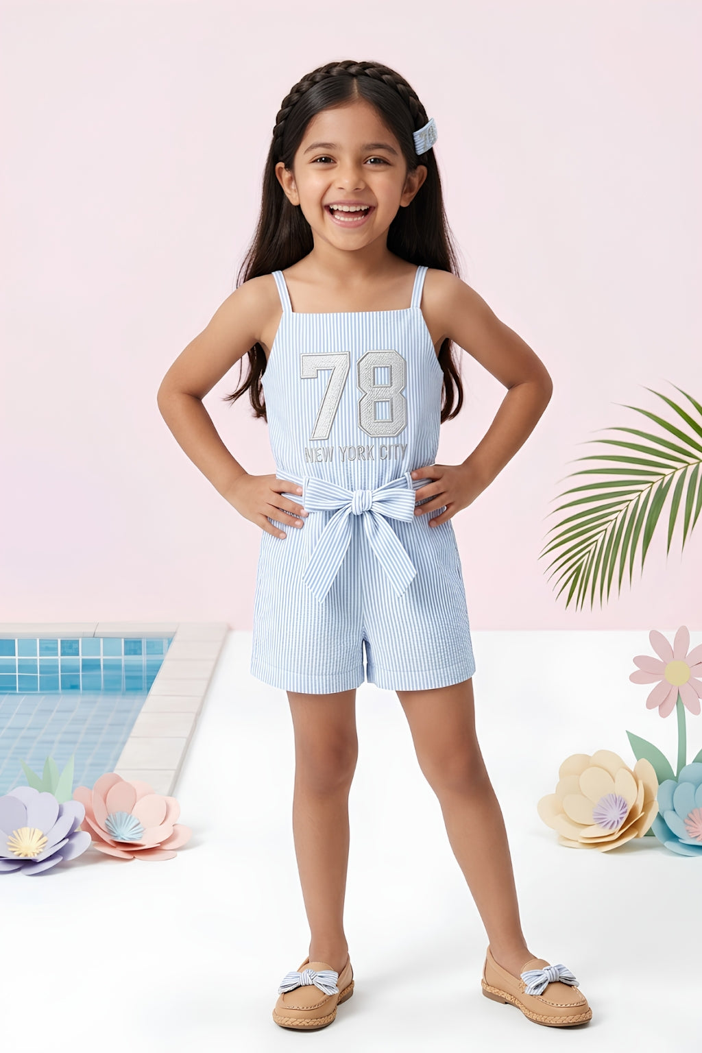 Girls Powder Blue Pinstripe Floral Playsuit Set