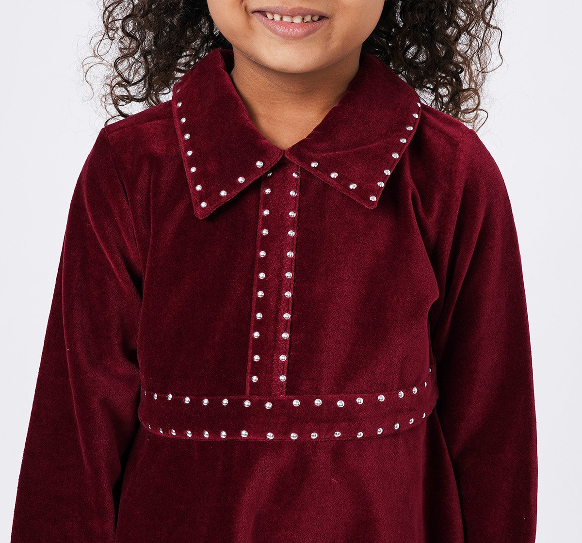 Collar Dress with Silver Metal Studs Burgundy