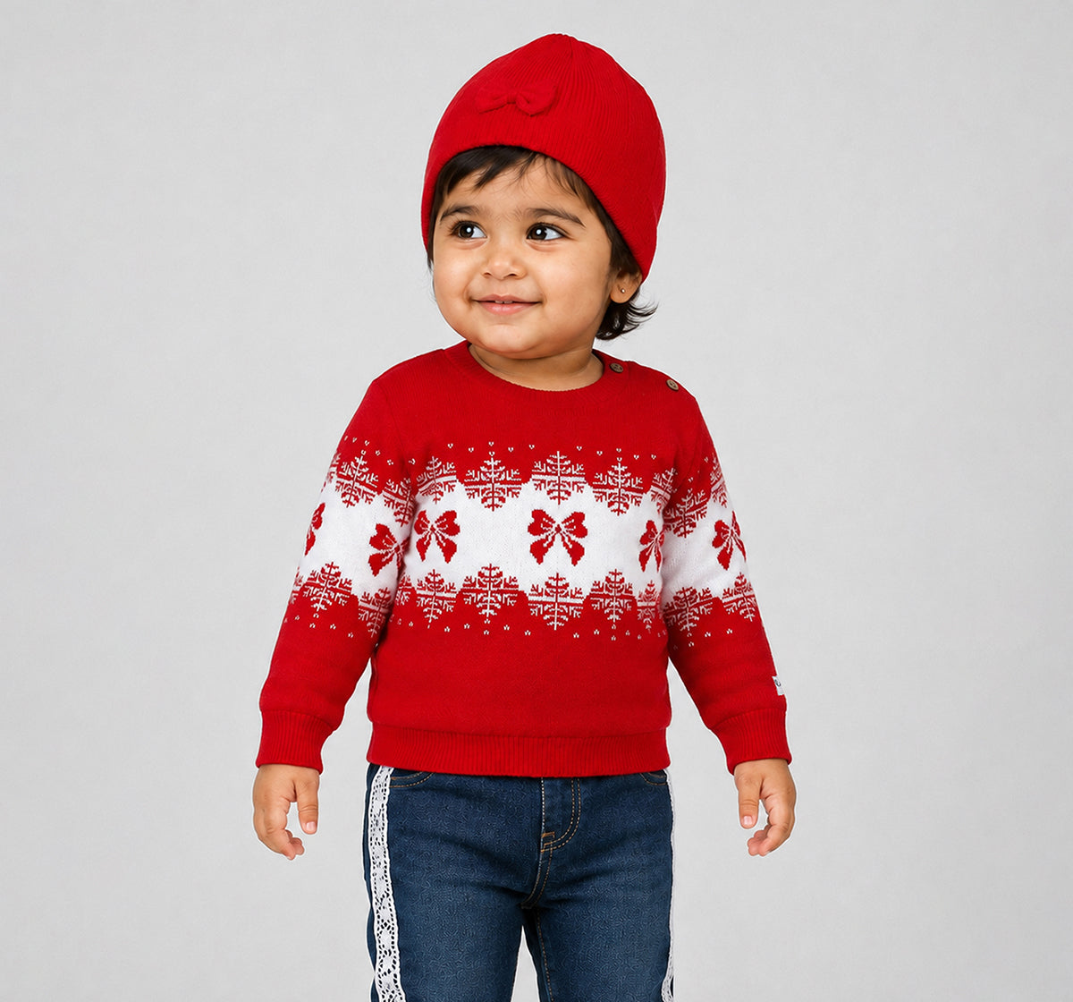 Sweater with Bow & Snowflake Intarsia Red