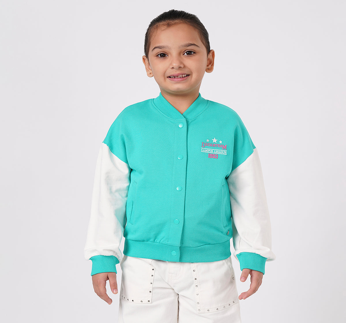 Girls Sea Green Varsity Bomber Knit Jacket