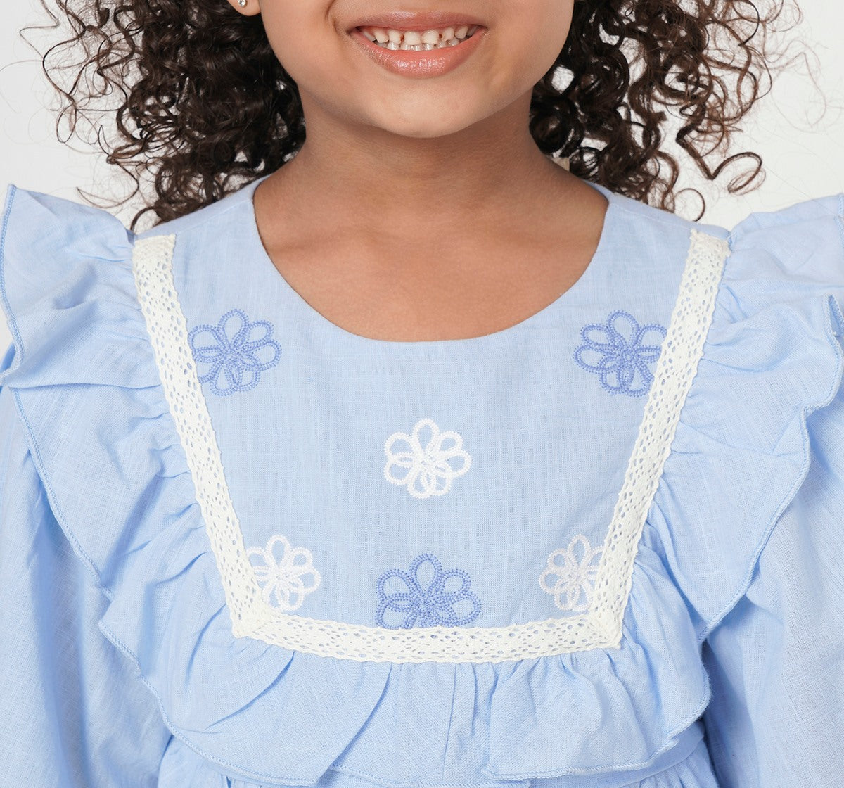 Slub Dress with Embroidery Blue