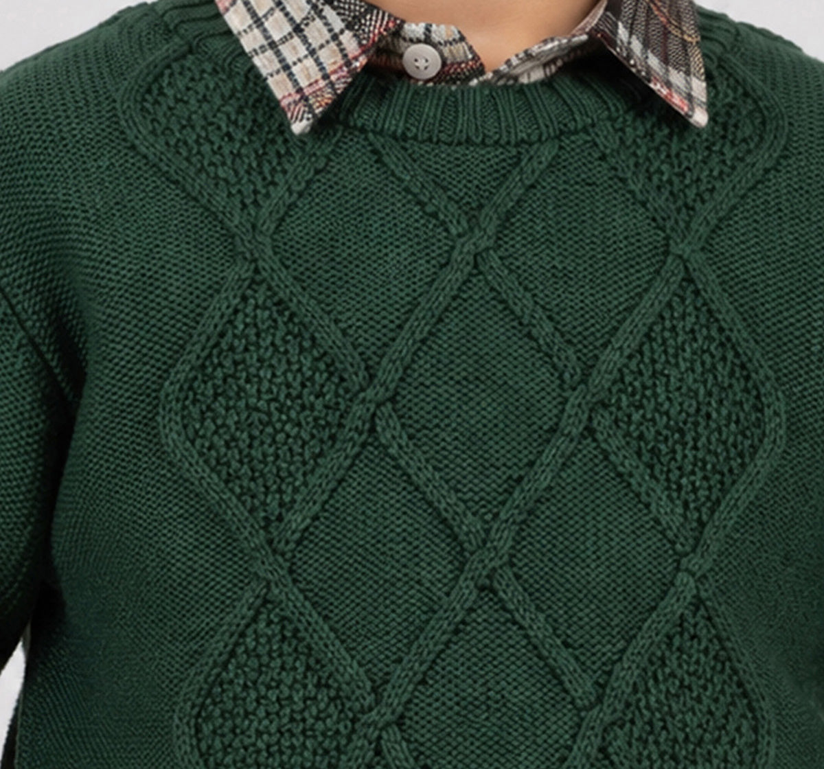 Flat Knit Sweater with Cabling Olive Green