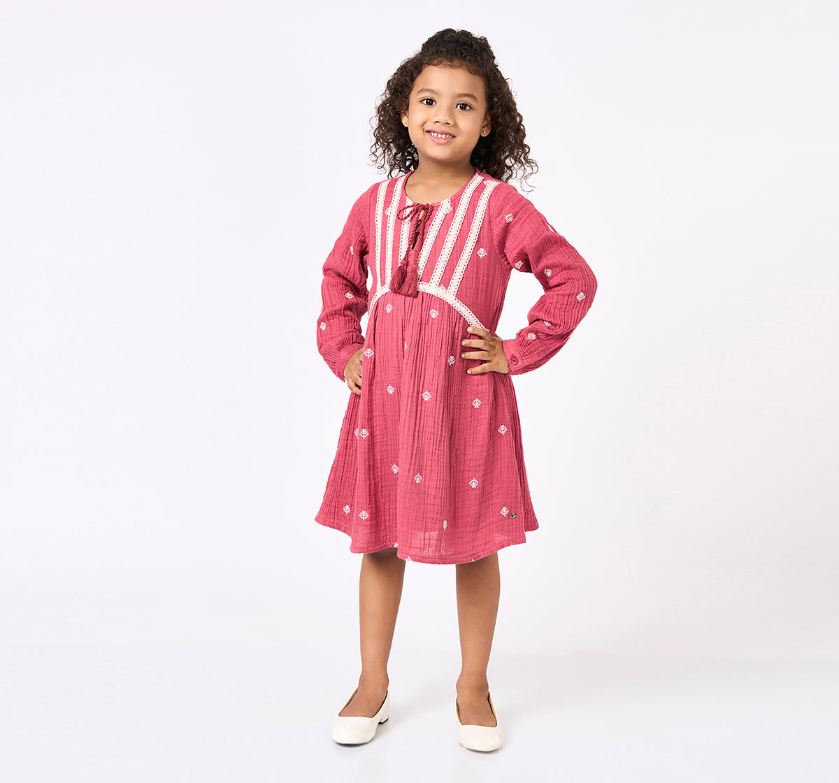 Girls Rose Pink Embroidered Lace Detail Dress