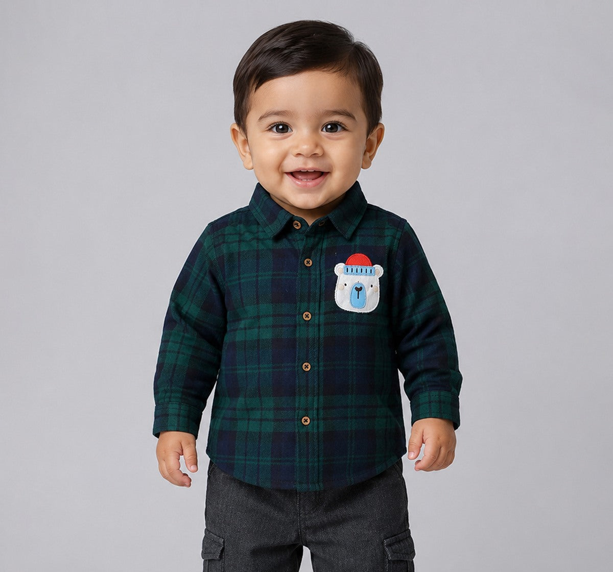 Full Sleeve Checks Shirt with Applique Green