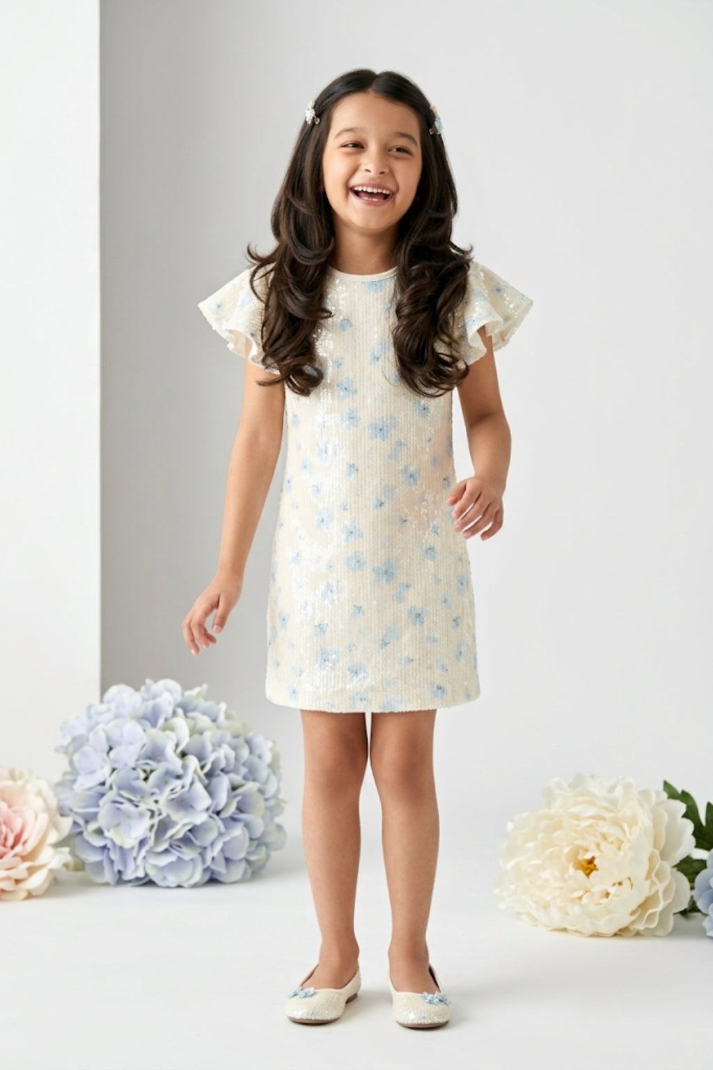 Girls Blue Sequin Party Dress with Flutter Sleeves