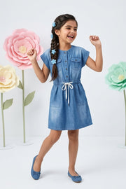 Girls Denim Buttoned Belted Dress