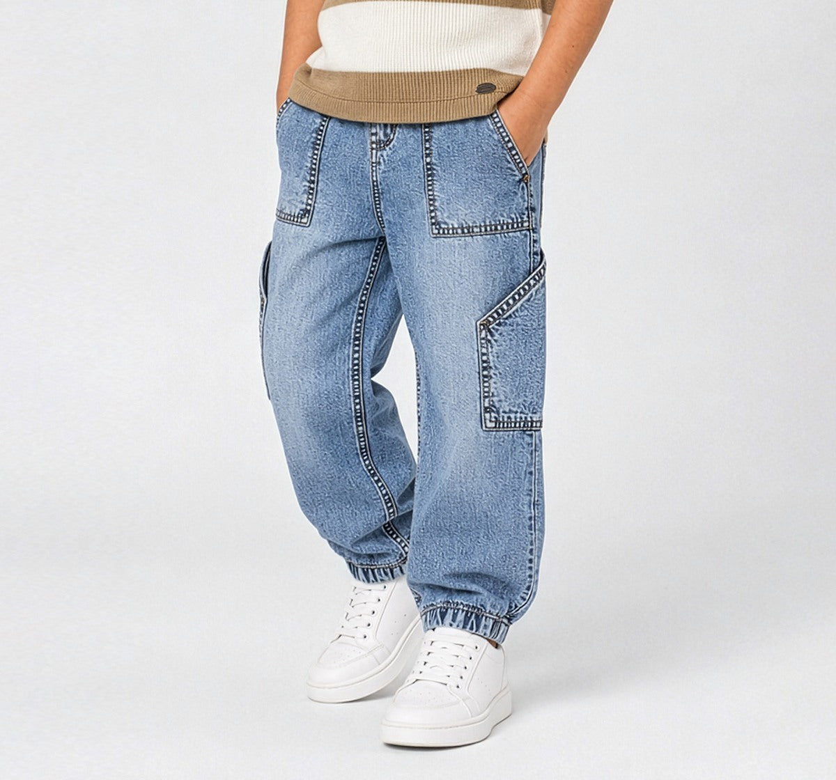 Boys Blue Cotton Denim Relaxed Fit Cargo Jeans