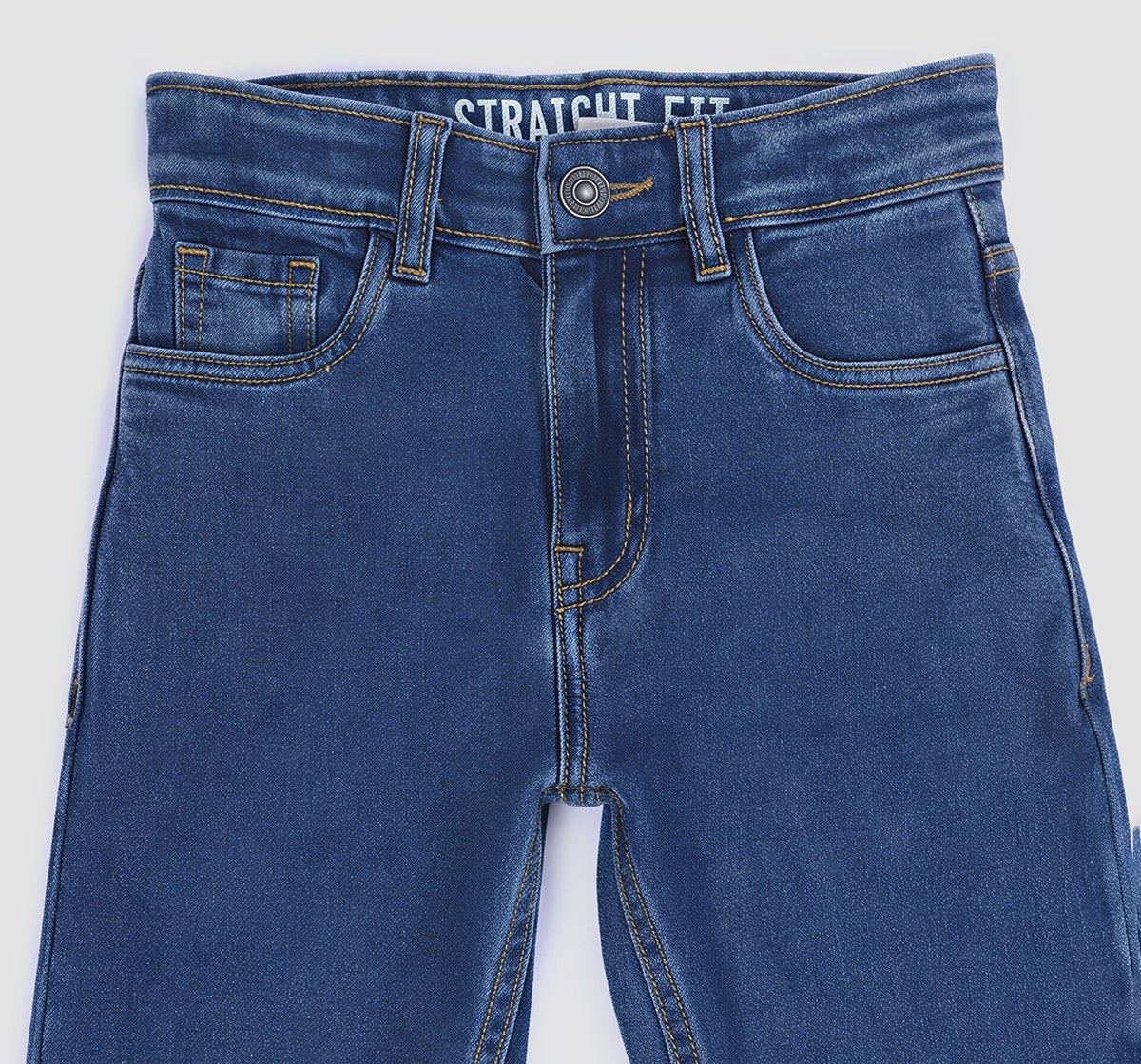 Boys Medium Blue Cotton Denim Straight Fit Jeans