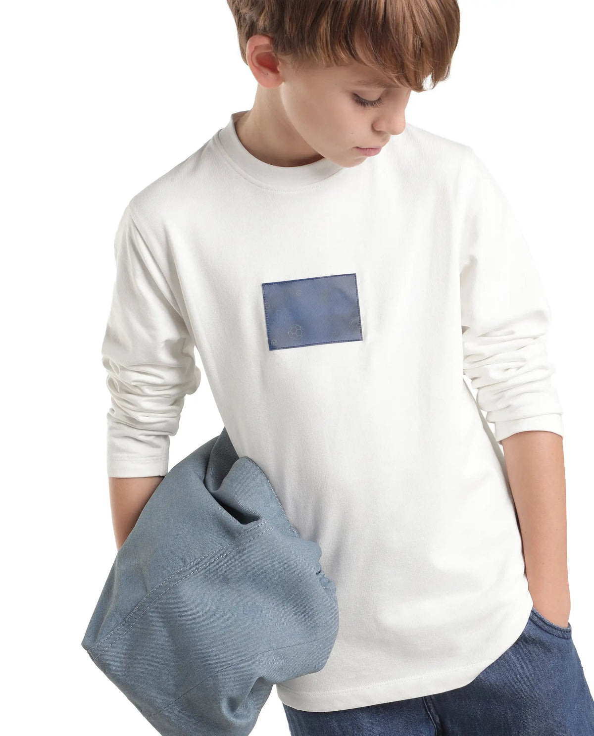 Boys Off White Regular-Fit Full-Sleeve Graphic Print Cotton T-Shirt