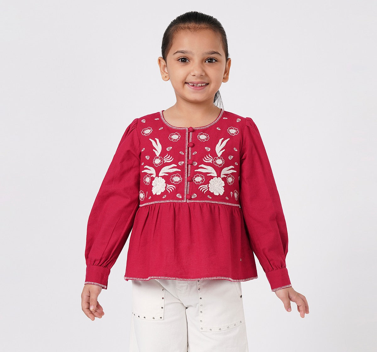 Top with Embroidery and Stitch Detail Burgundy