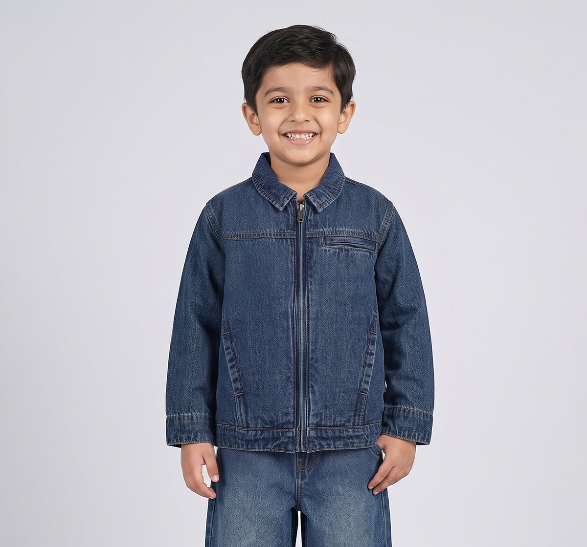 Zip Up Denim Jacket W/ Patch On Back Blue