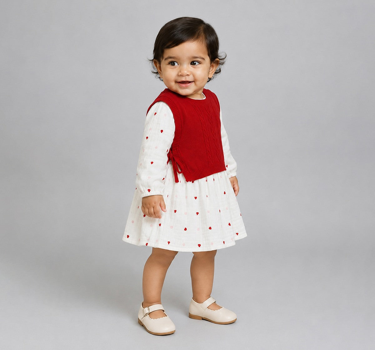 2 Piece- Flatknit Vest with Emb. Dress Red