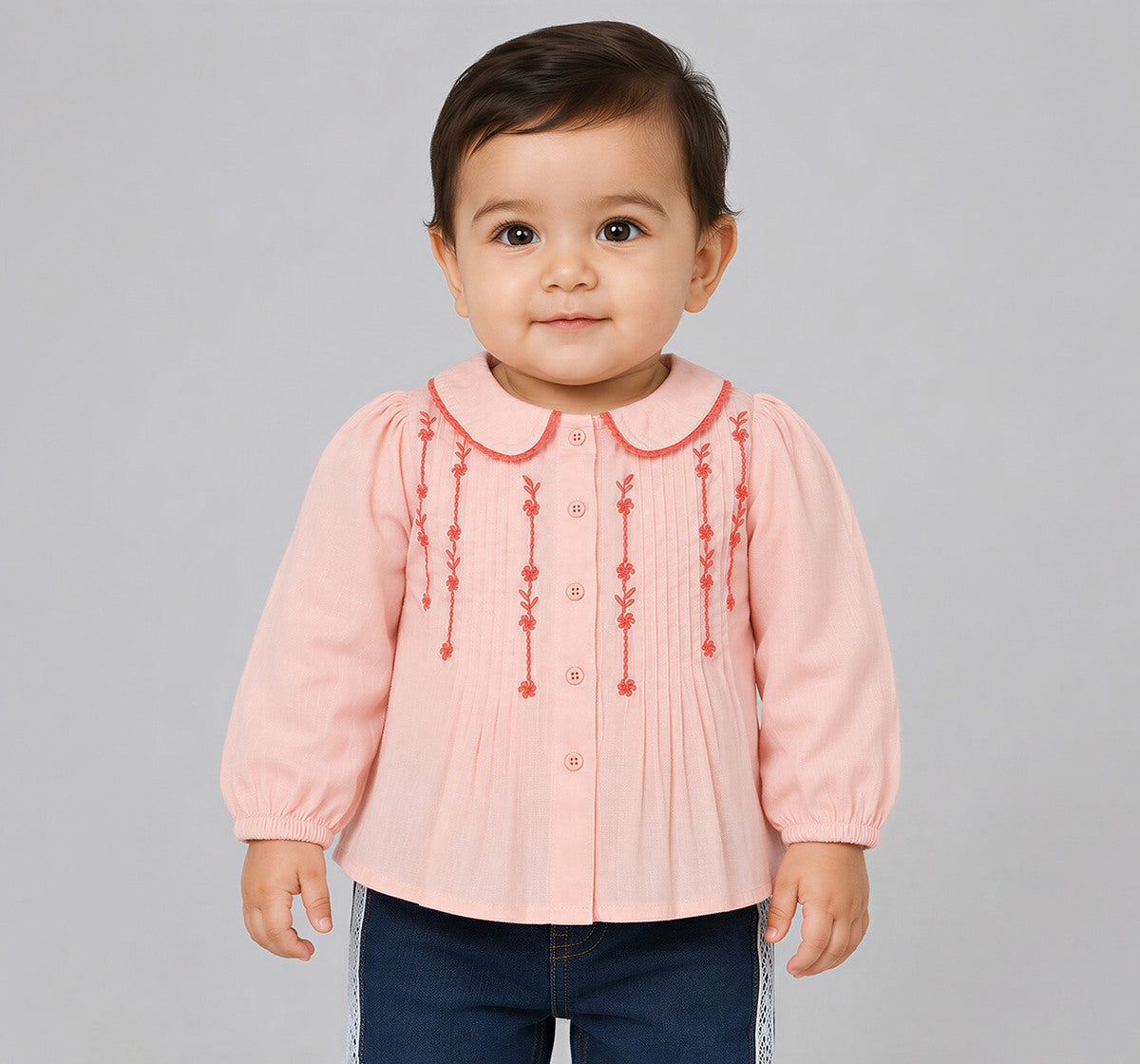 Top with Embroidery & Pintucks Detail Peach
