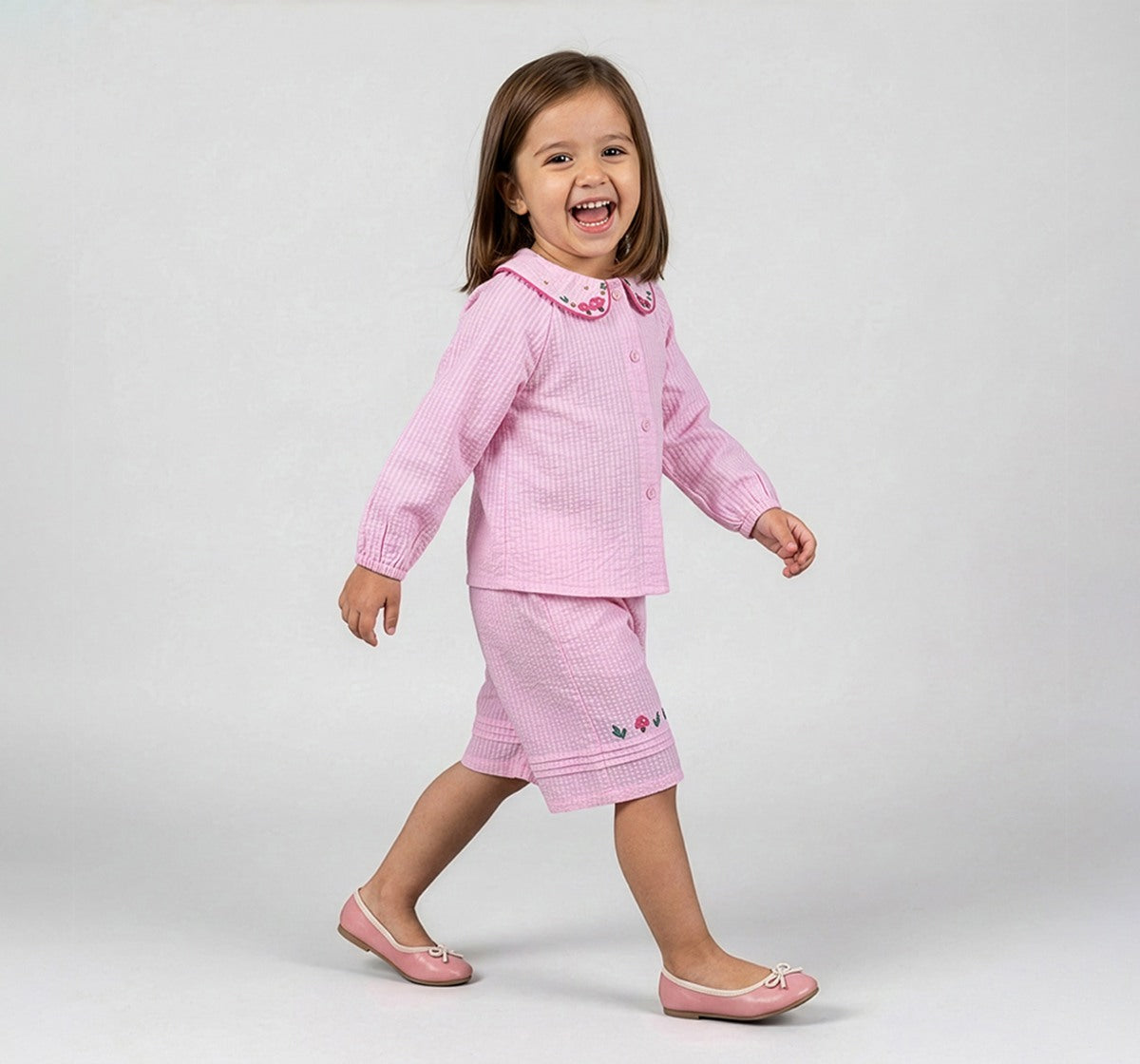Solid Top & Pant Set with Embroidery Pink