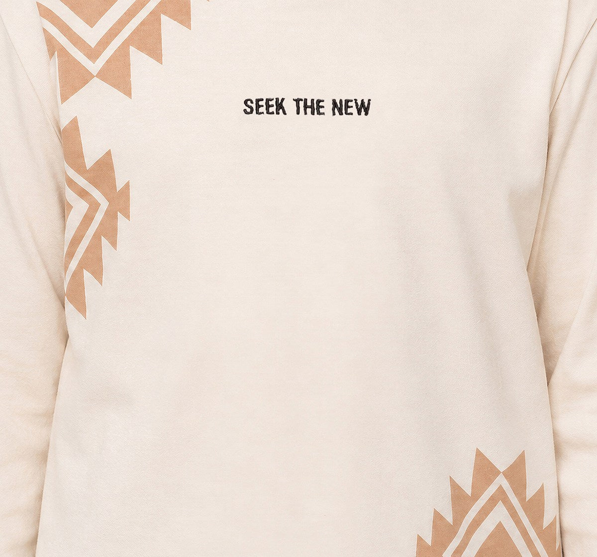 Crew Neck T-Shirt W/ Print & Applique Beige Full Sleeves