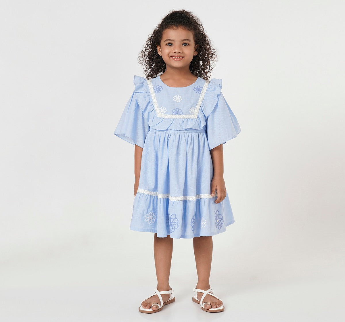 Slub Dress with Embroidery Blue