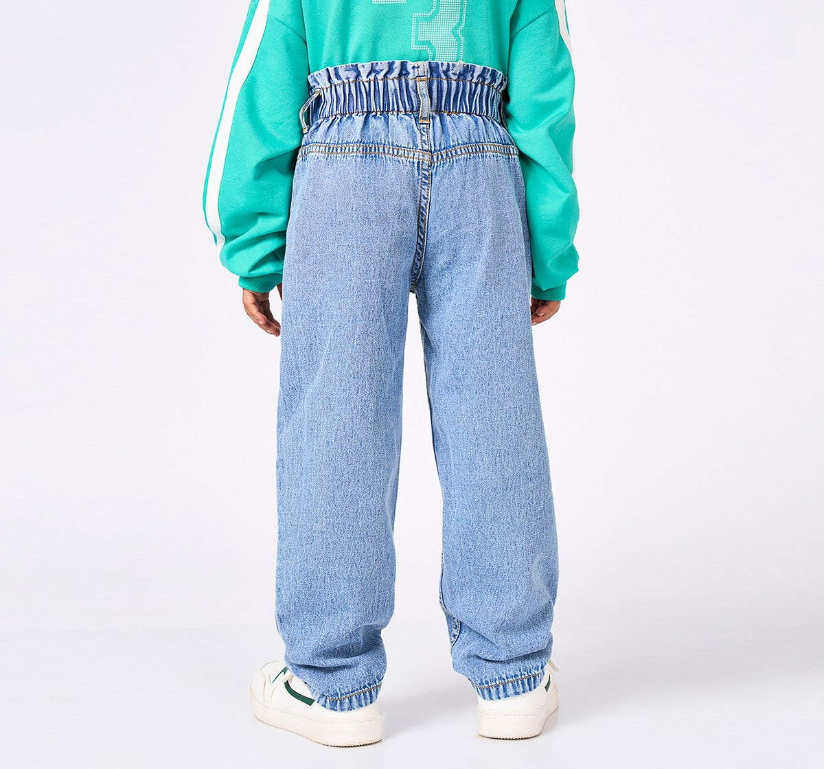 Girls Blue Cotton Denim Paper Bag Barrel Fit Jeans
