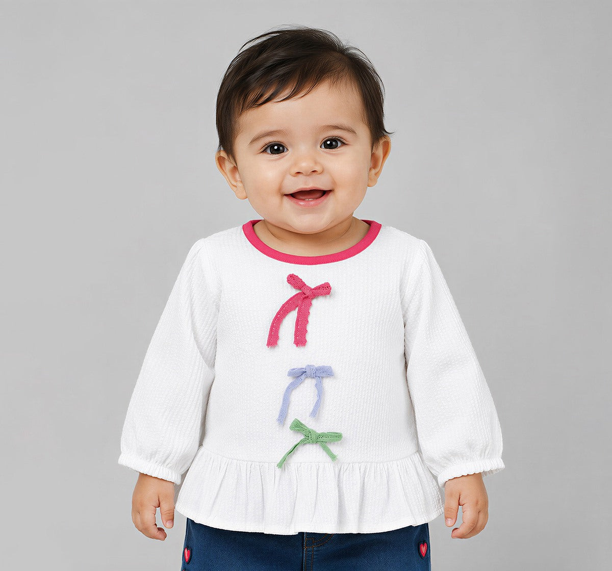 Peplum Top with Multicolor Bows Off-White