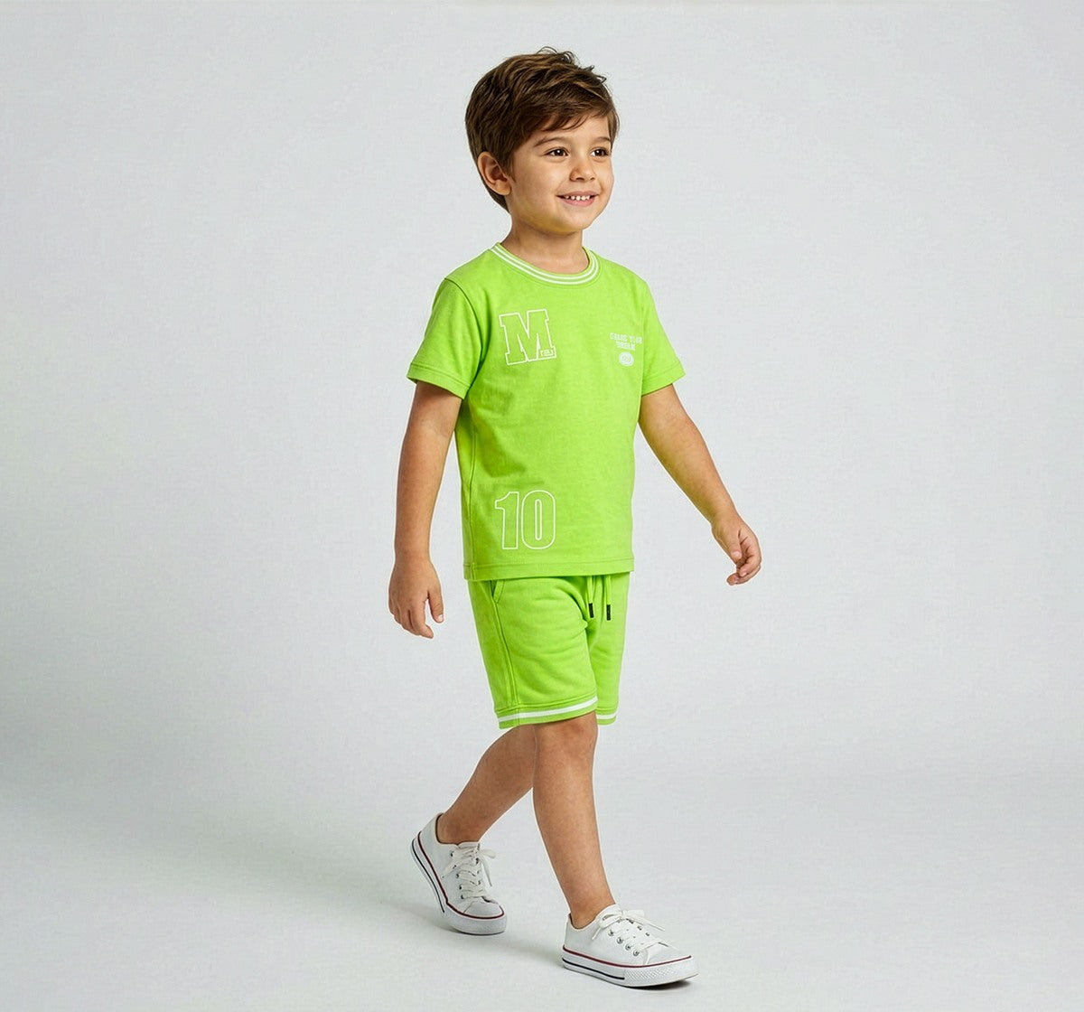 Boys Neon Green Varsity T-Shirt and Shorts Co-ord Set