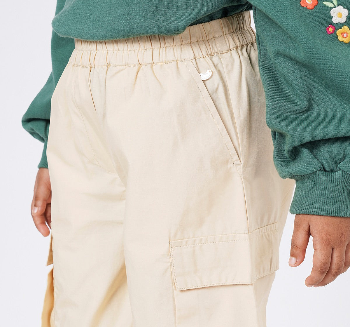 Girls Beige Cotton Poplin Wide Leg Cargo Trousers