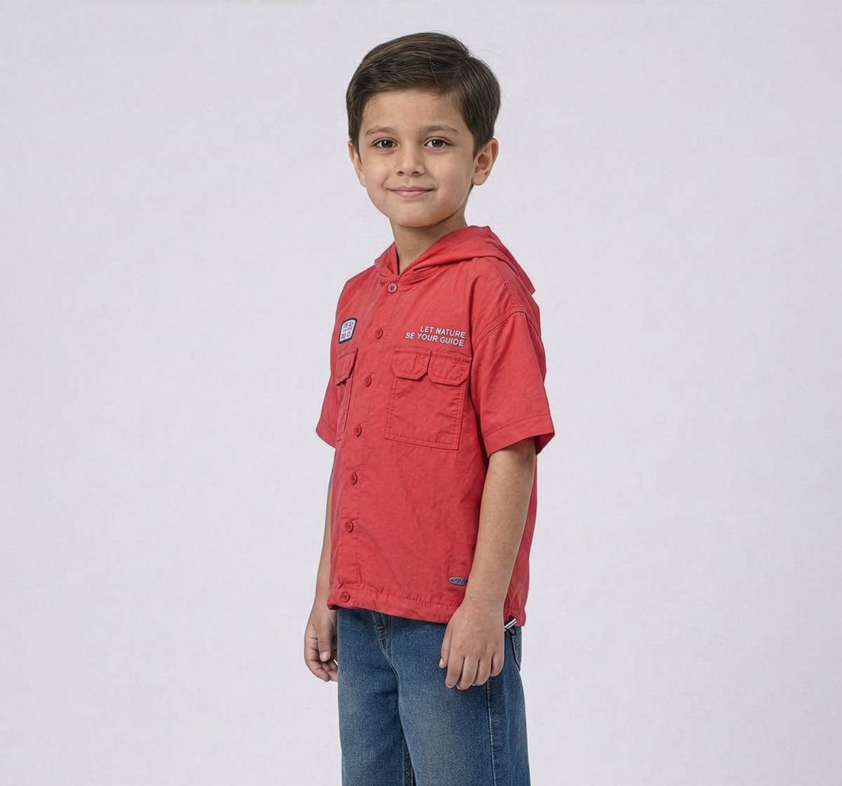 Hooded Poplin Shirt with Pockets Red