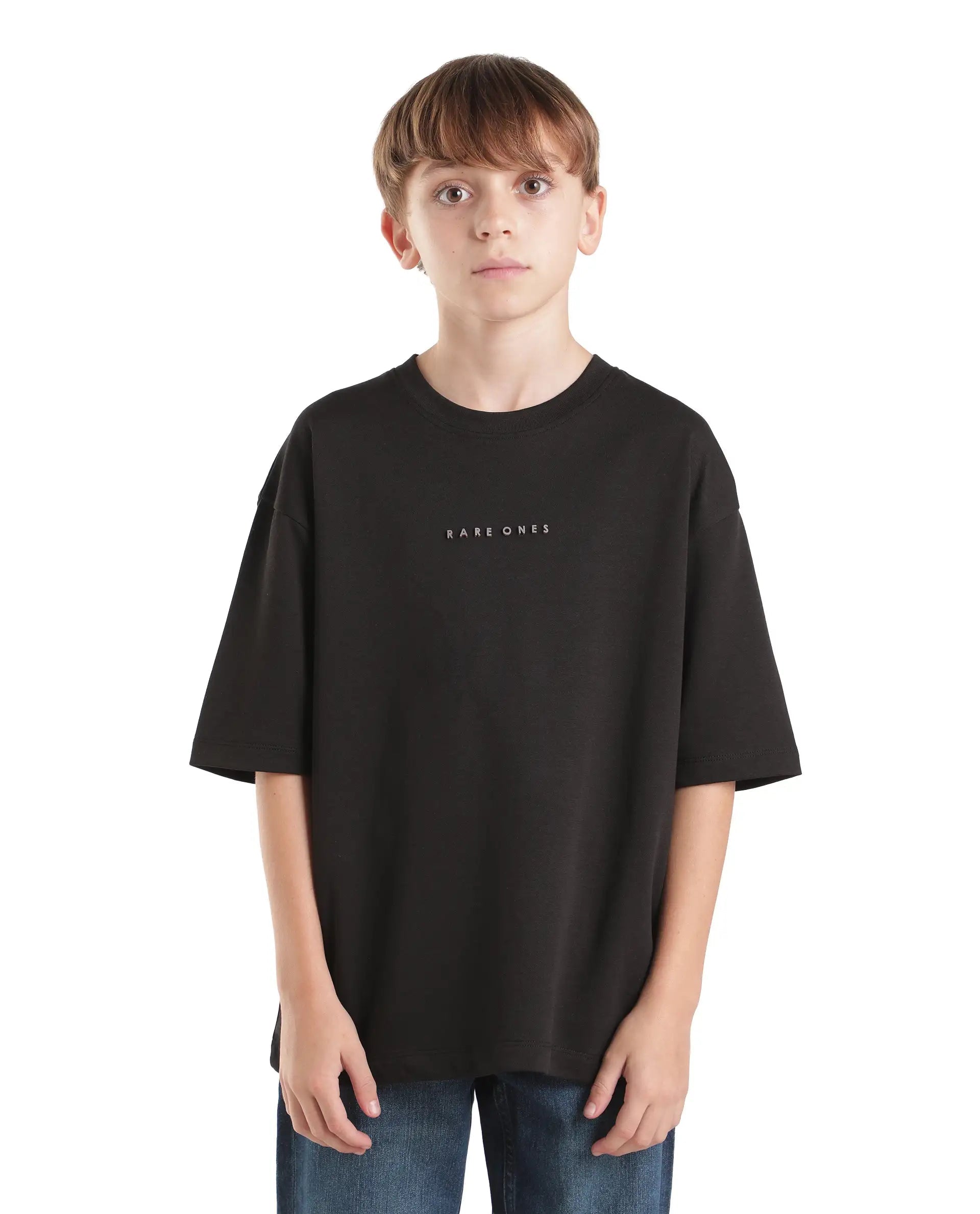Boys Black Oversized Half-Sleeve Graphic Print Cotton Blend T-Shirt