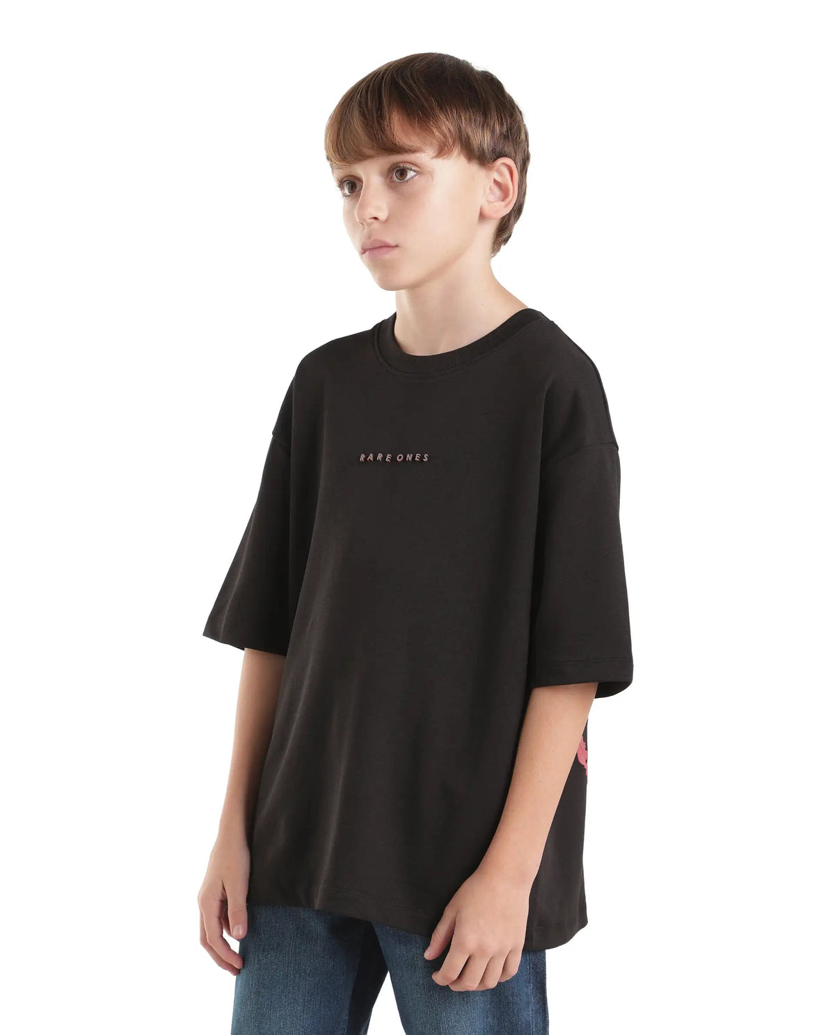 Boys Black Oversized Half-Sleeve Graphic Print Cotton Blend T-Shirt