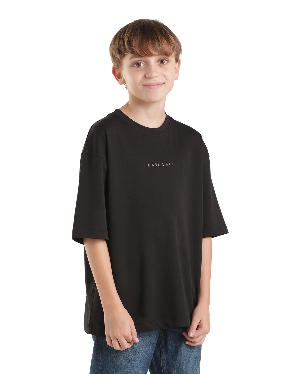 Boys Black Oversized Half-Sleeve Graphic Print Cotton Blend T-Shirt
