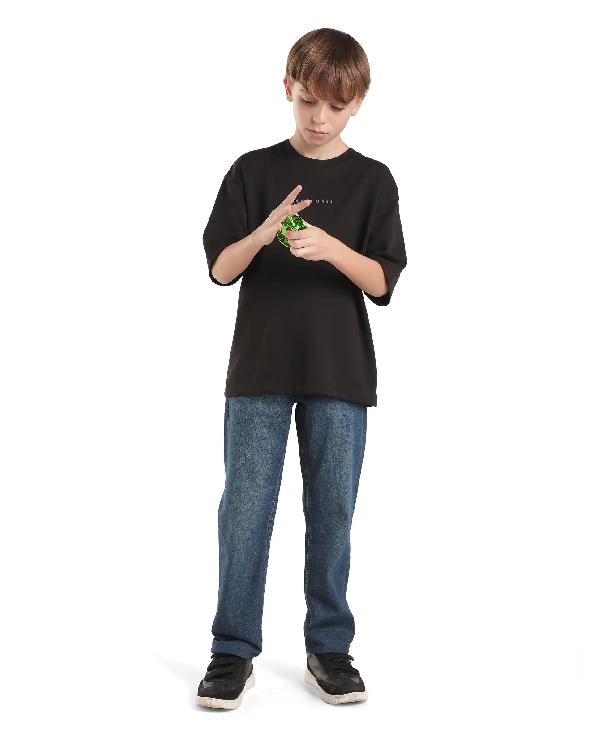 Boys Black Oversized Half-Sleeve Graphic Print Cotton Blend T-Shirt