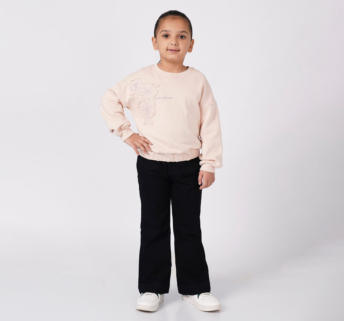 Balloon Hem Sweatshirt with Applique Pink Regular Fit