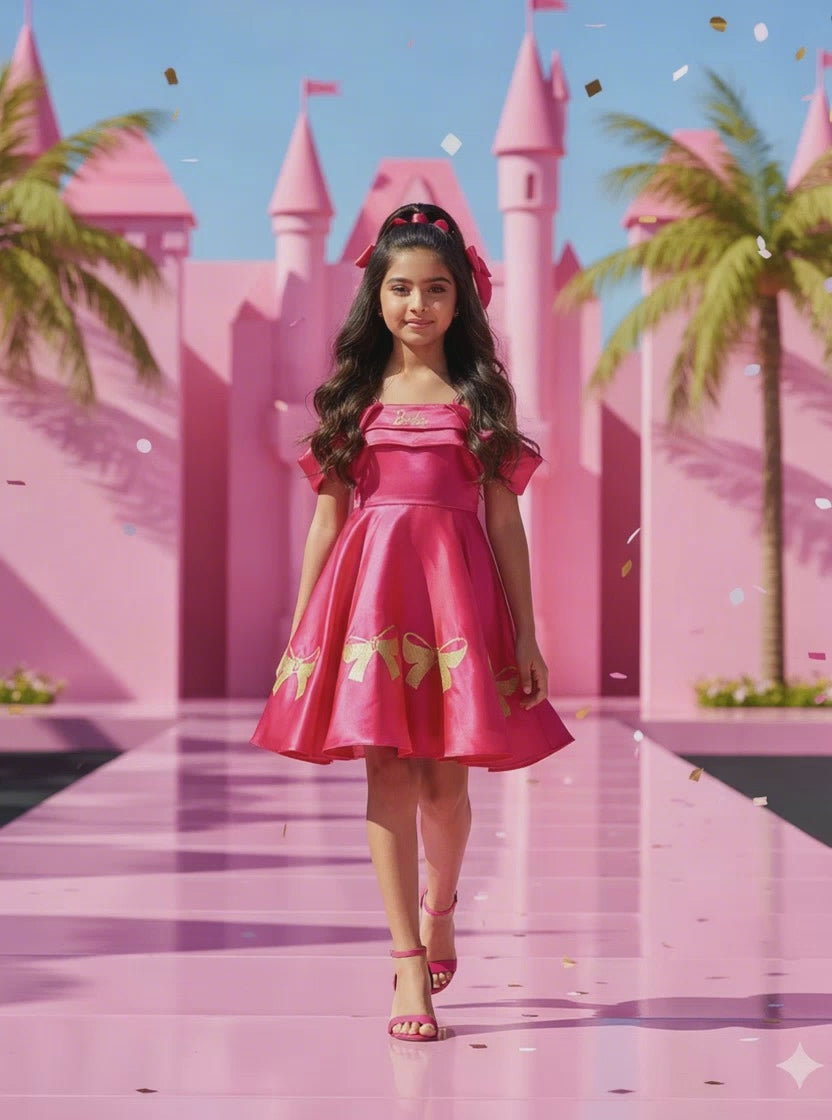 Load video: Girls Fuchsia Pink Barbie Off-Shoulder Party Wear Frock