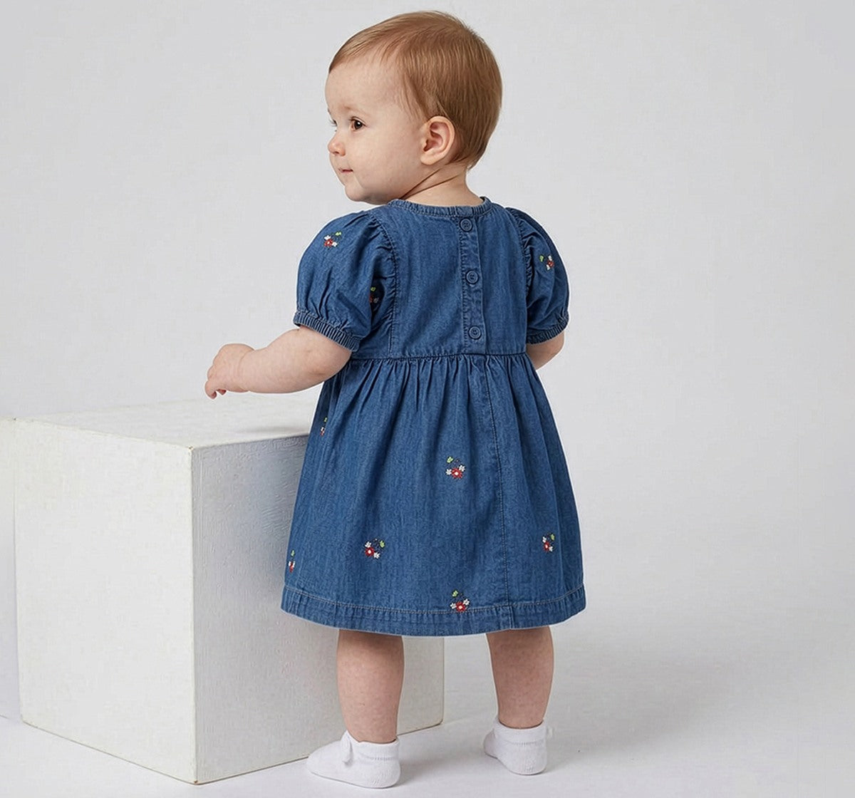 Embroidered Denim Dress Blue