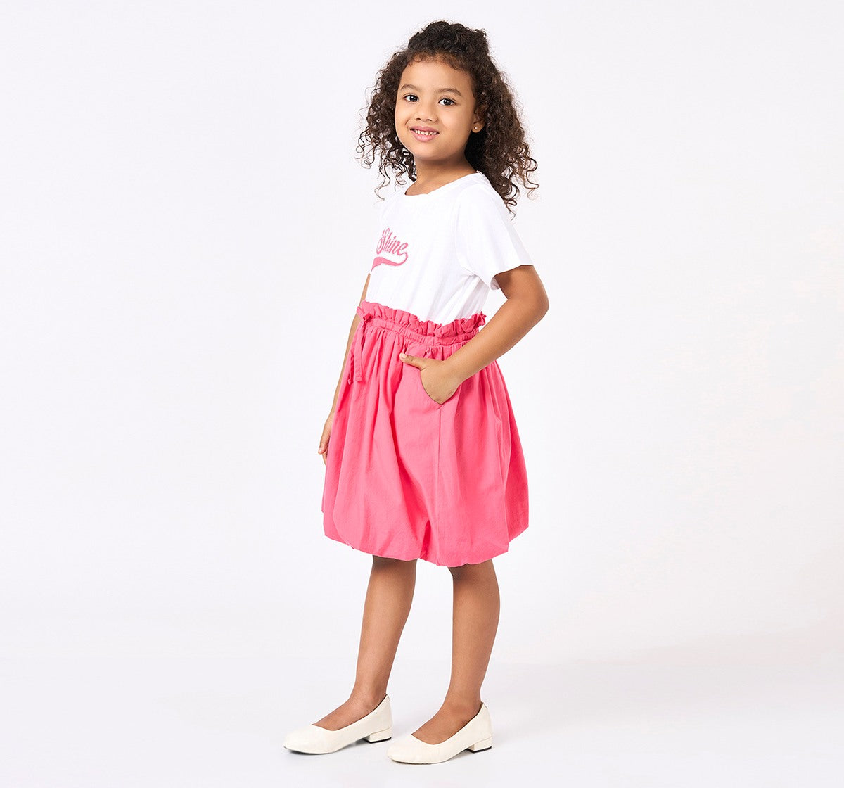 Girls Pink Knit and Woven Paper Bag Waist Dress