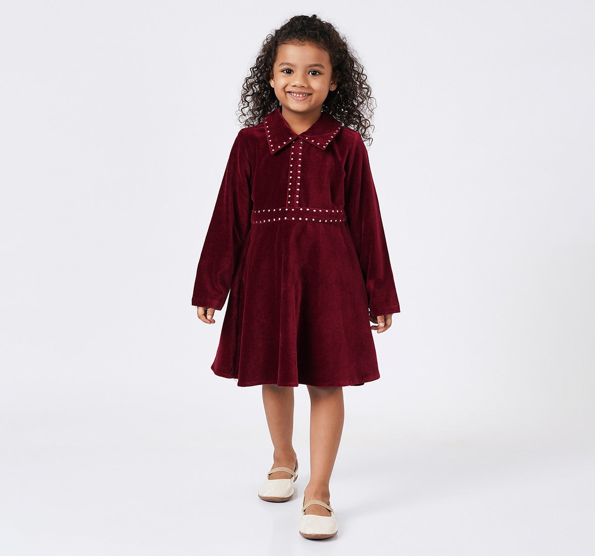 Collar Dress with Silver Metal Studs Burgundy