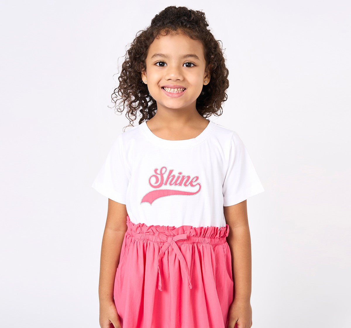 Girls Pink Knit and Woven Paper Bag Waist Dress