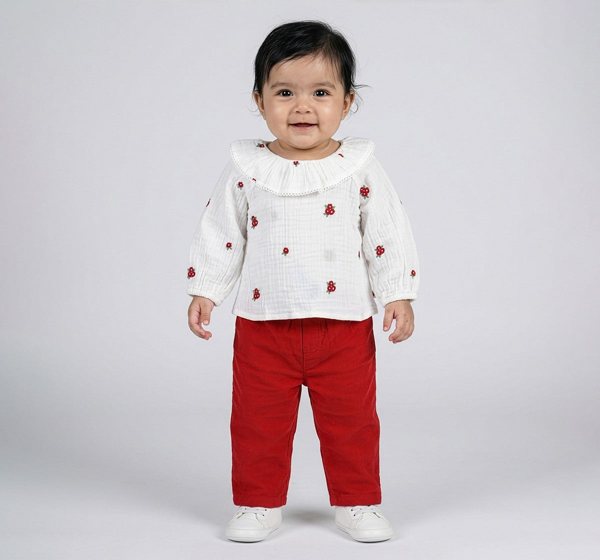 Embroidered Top, with Corduory Pant White/Red