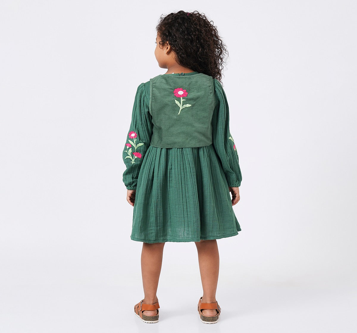 Embroidered Dress with Sleeveless Jacket Green