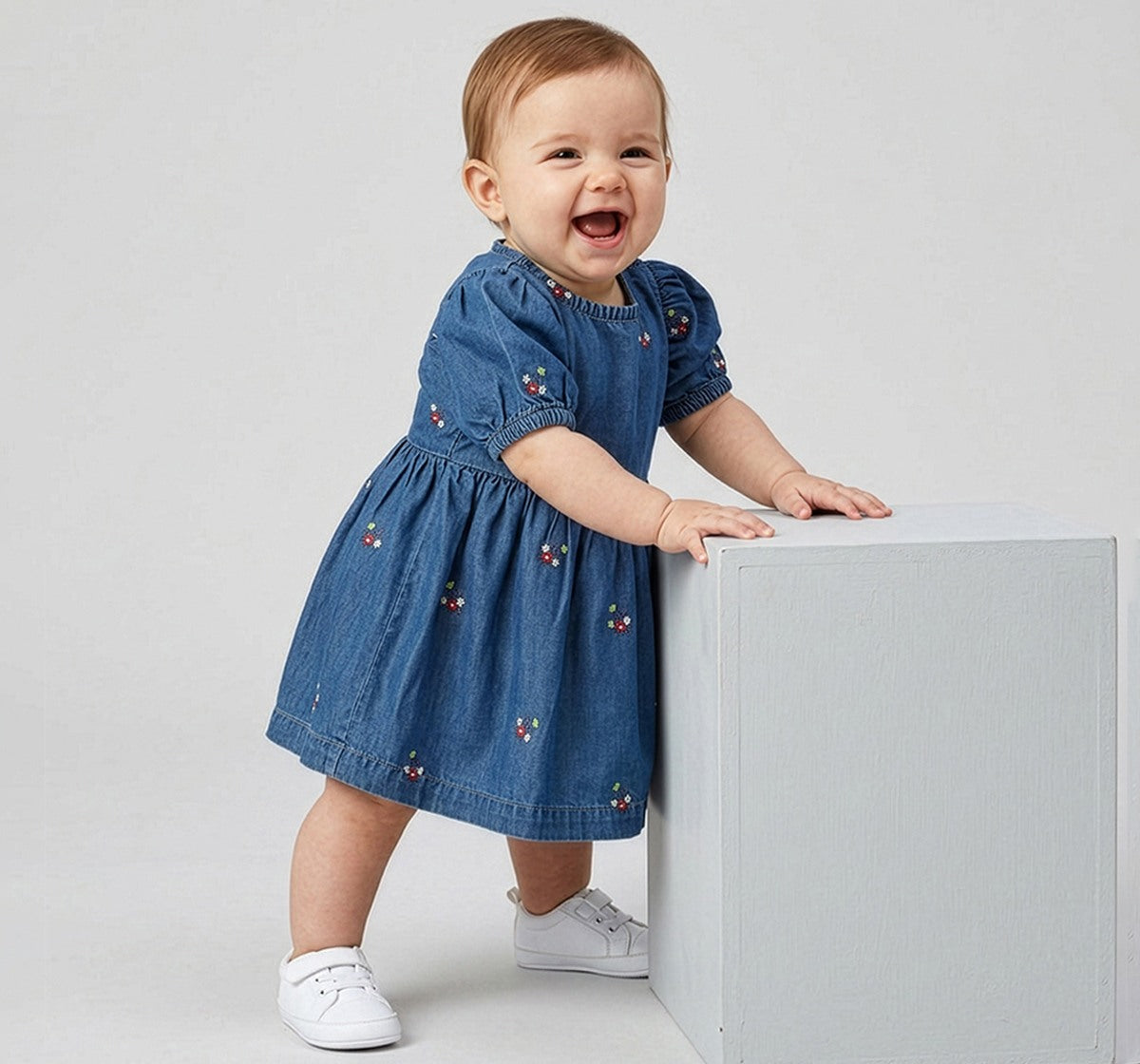 Embroidered Denim Dress Blue