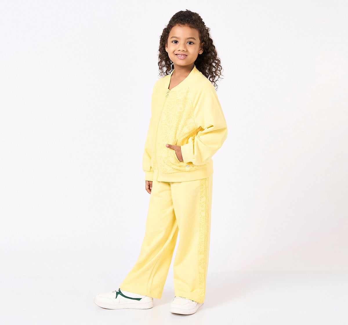 Jacket and Pant with Lace Panels Set Yellow