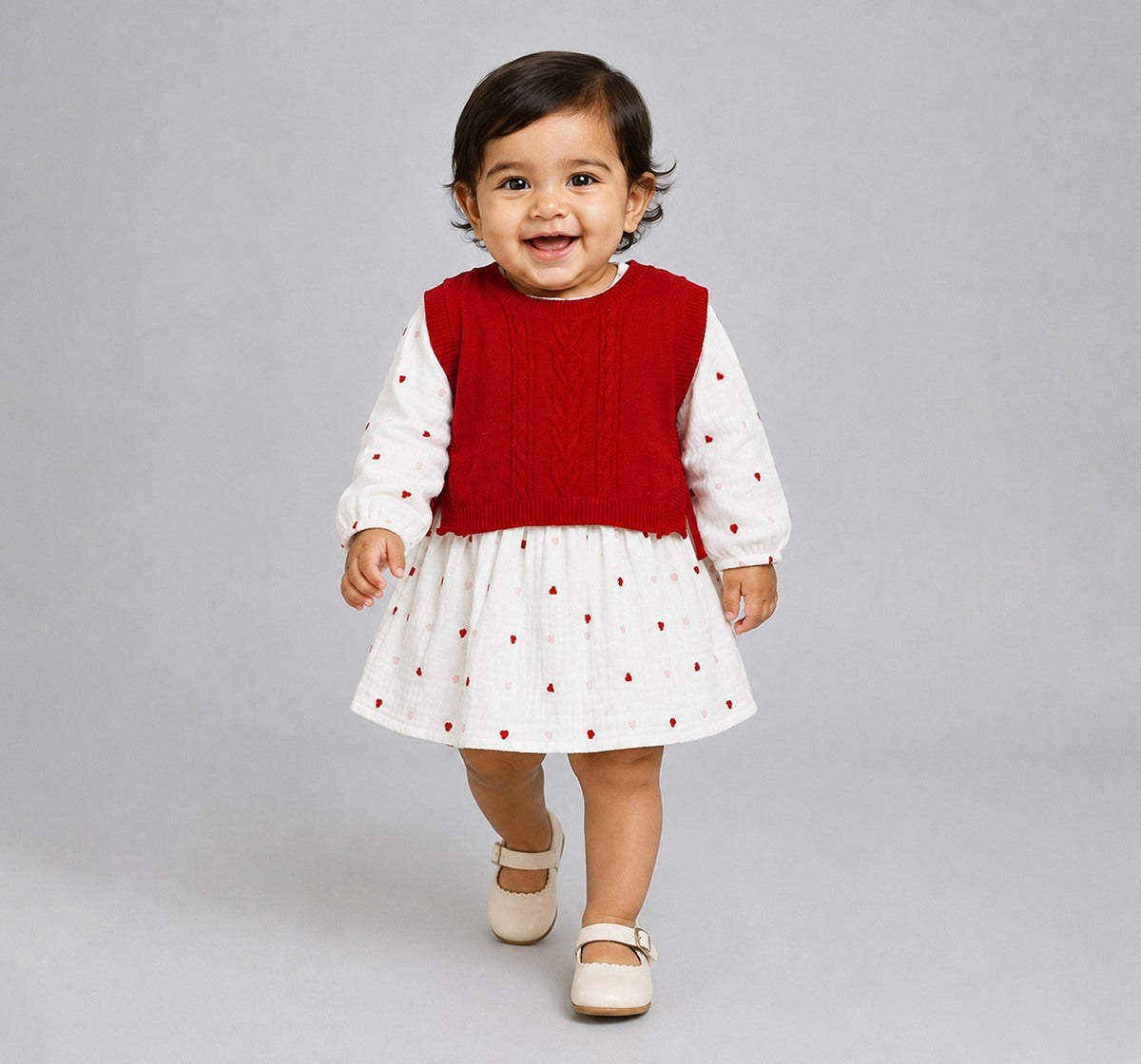 2 Piece- Flatknit Vest with Emb. Dress Red
