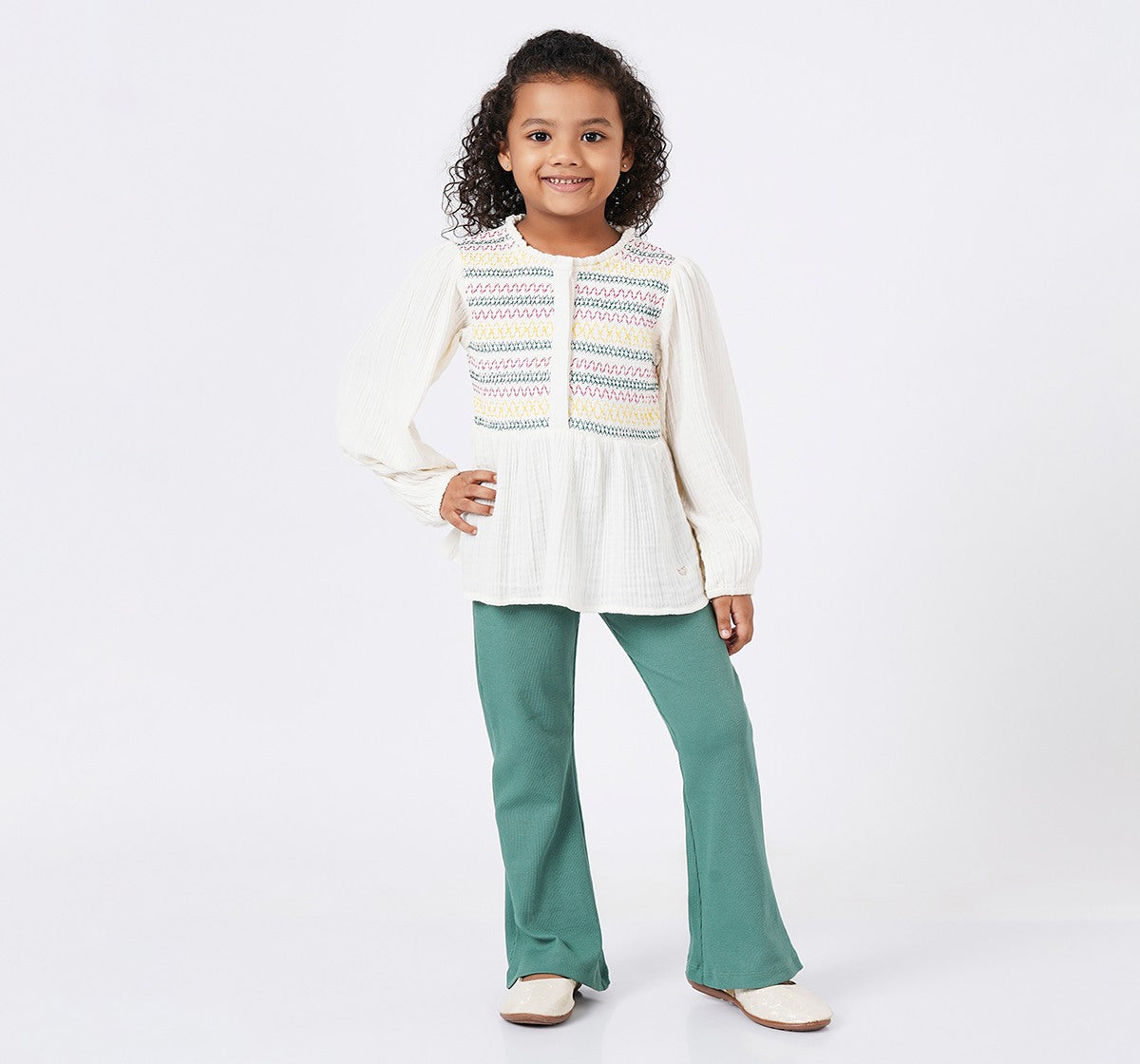 Woven Set with Smocking and Embroidery Green