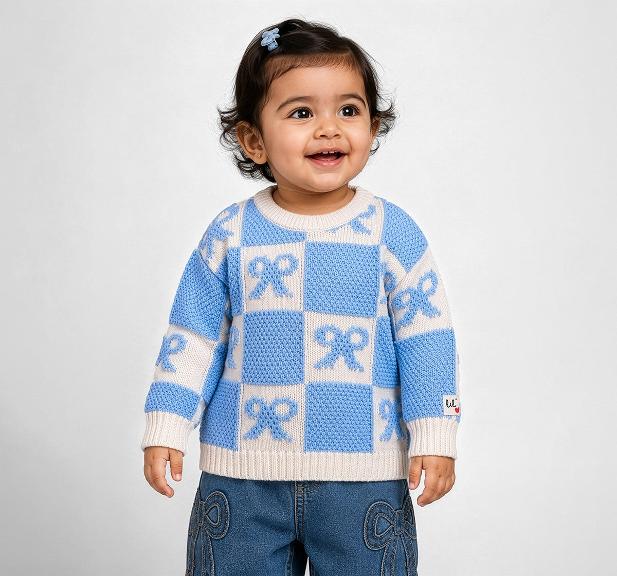 Sweater with Bow Intarsia Blue
