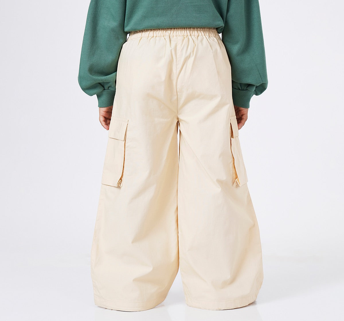 Girls Beige Cotton Poplin Wide Leg Cargo Trousers