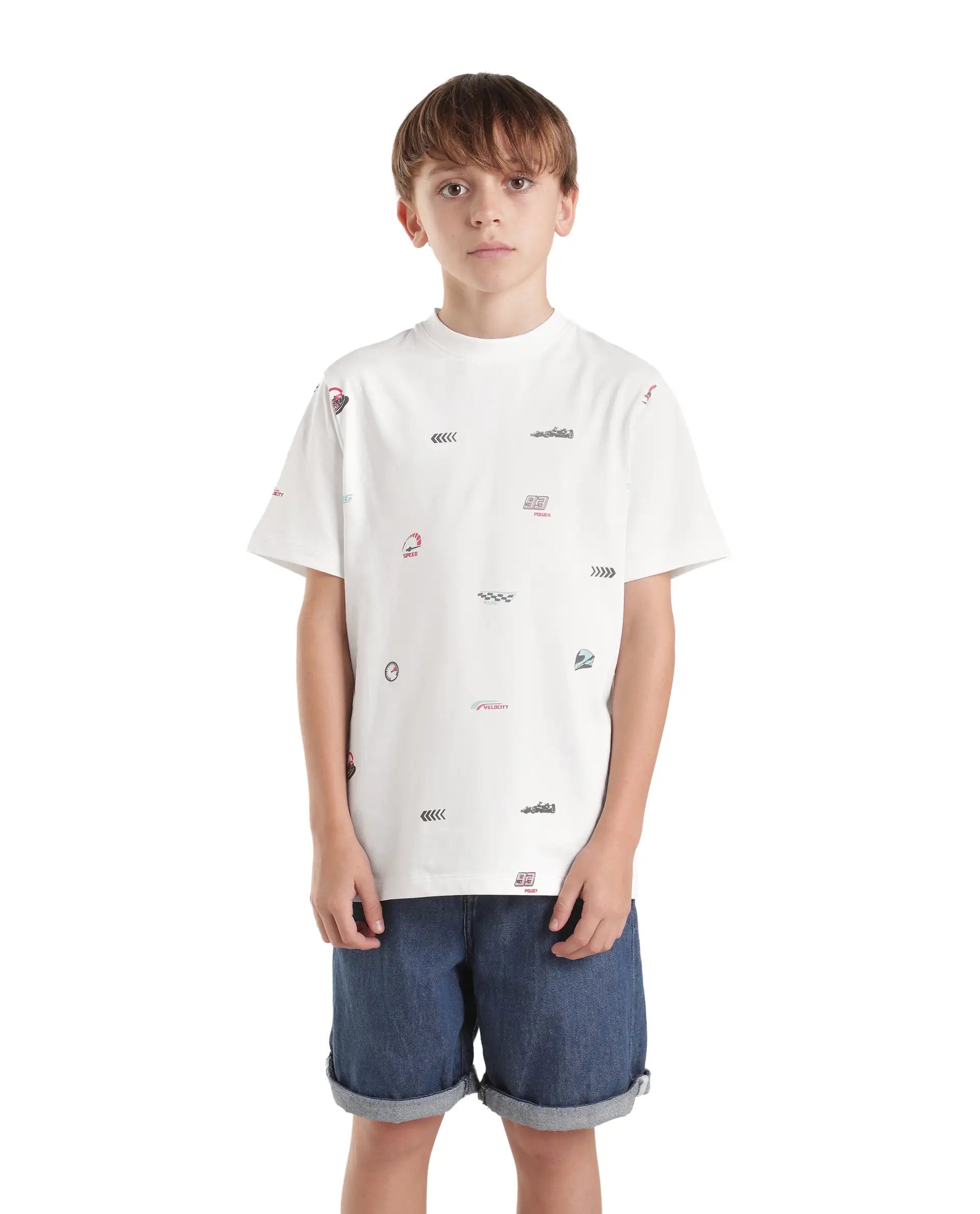 Boys White Oversized Half-Sleeve Printed Cotton T-Shirt