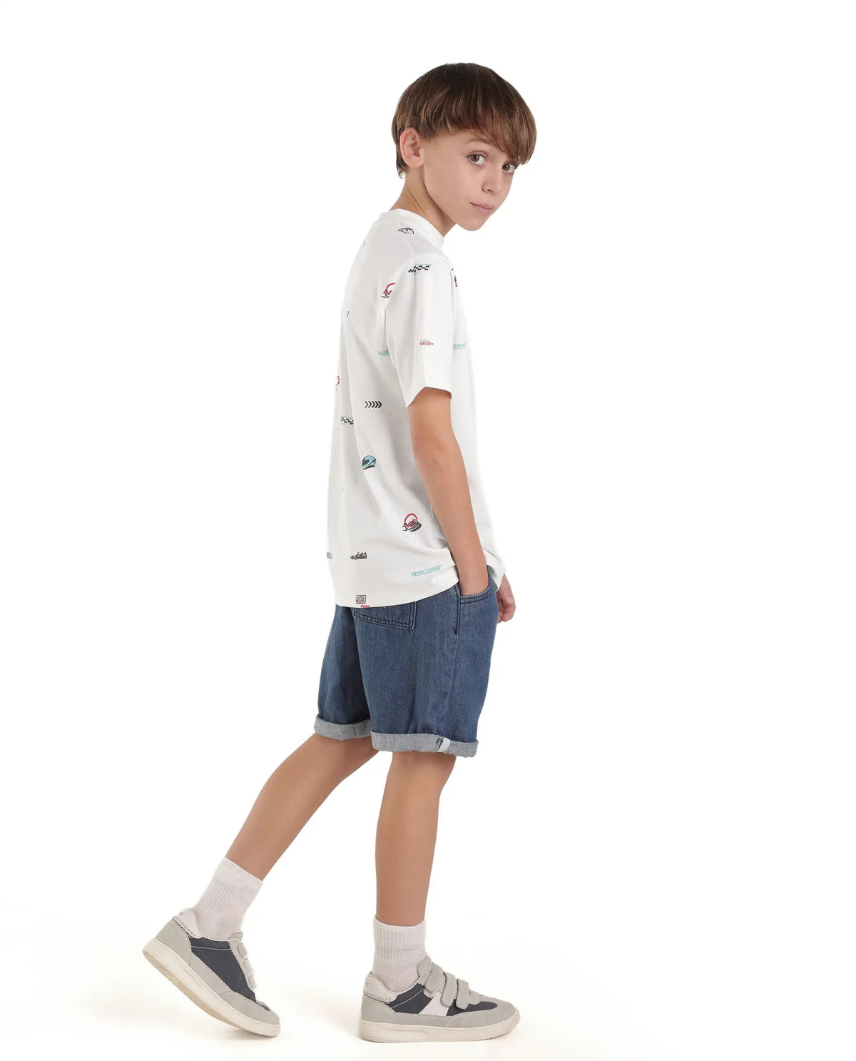 Boys White Oversized Half-Sleeve Printed Cotton T-Shirt