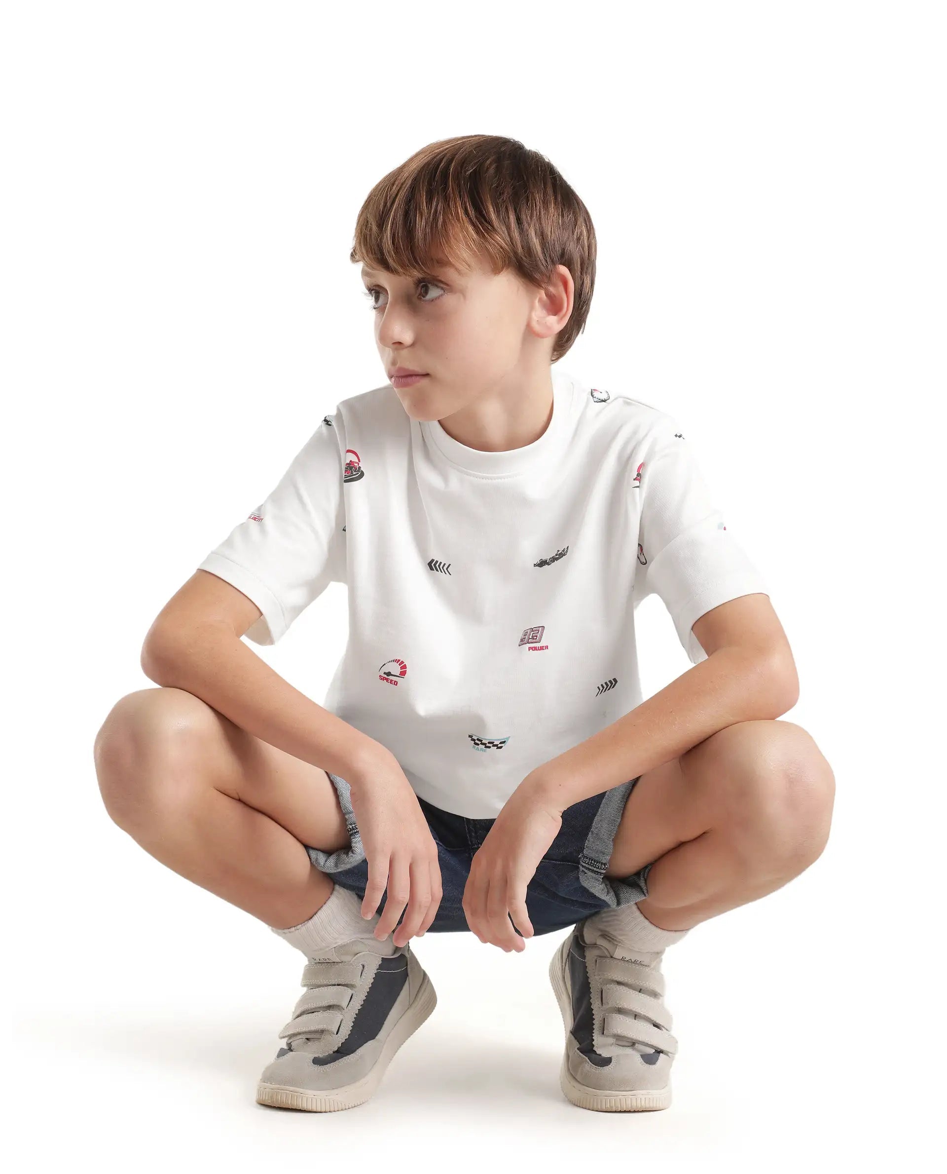 Boys White Oversized Half-Sleeve Printed Cotton T-Shirt